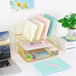 Youbetia Desk Organizers and Accessories - Double Tray and 5 Upright Sections, Office Supplies Desk Organizer with Drawer, File Office Organization with Binder Clips, Gold - Image 3
